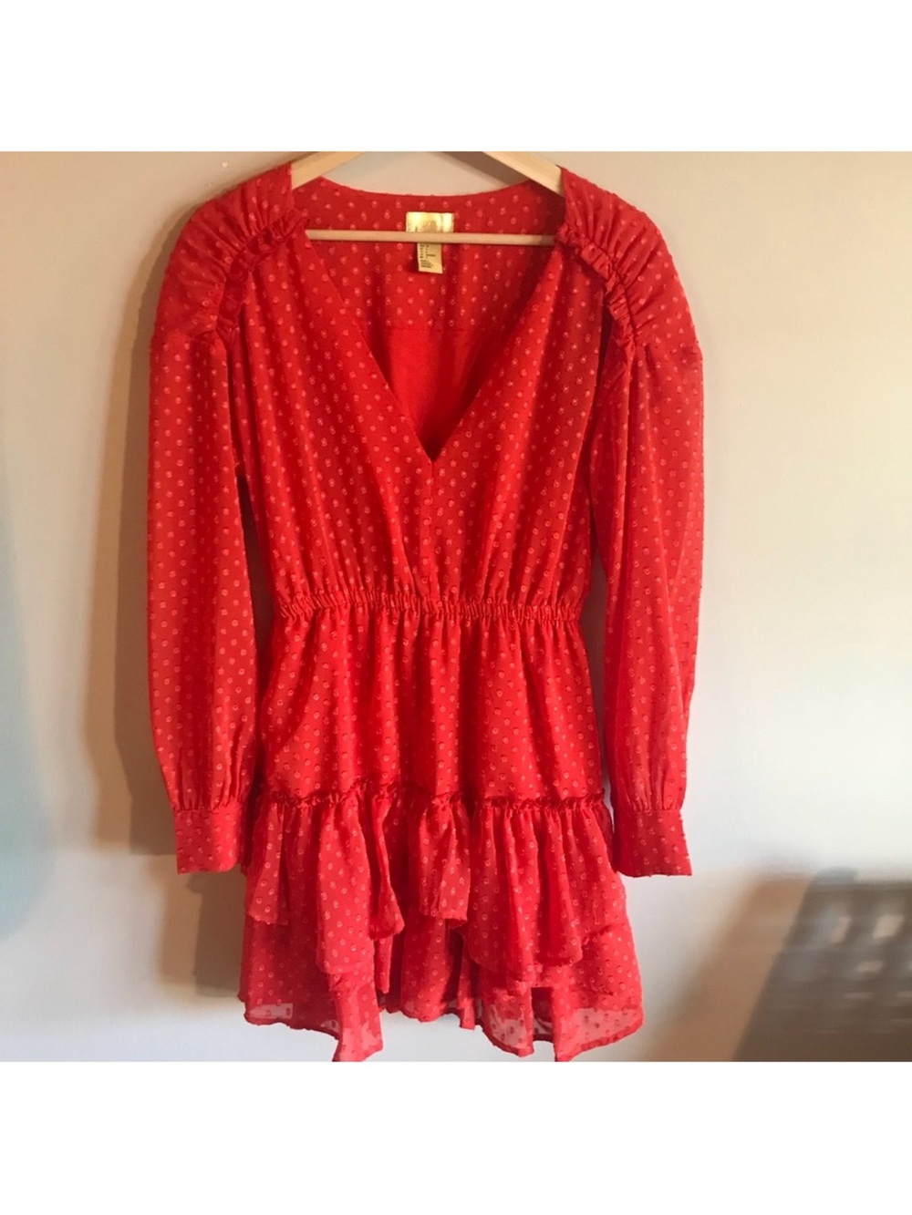 H&M Red Long Sleeve Tiered Mini Dress